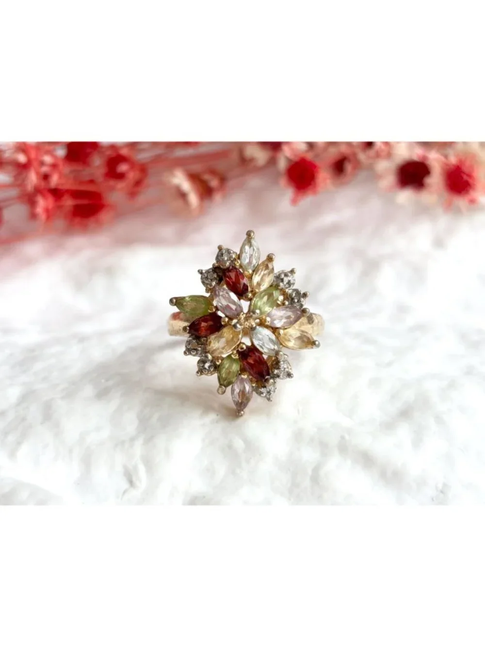 Rainbow Gemstone Vermeil Floral Sterling Silver 925 Vintage Ring - sz 8